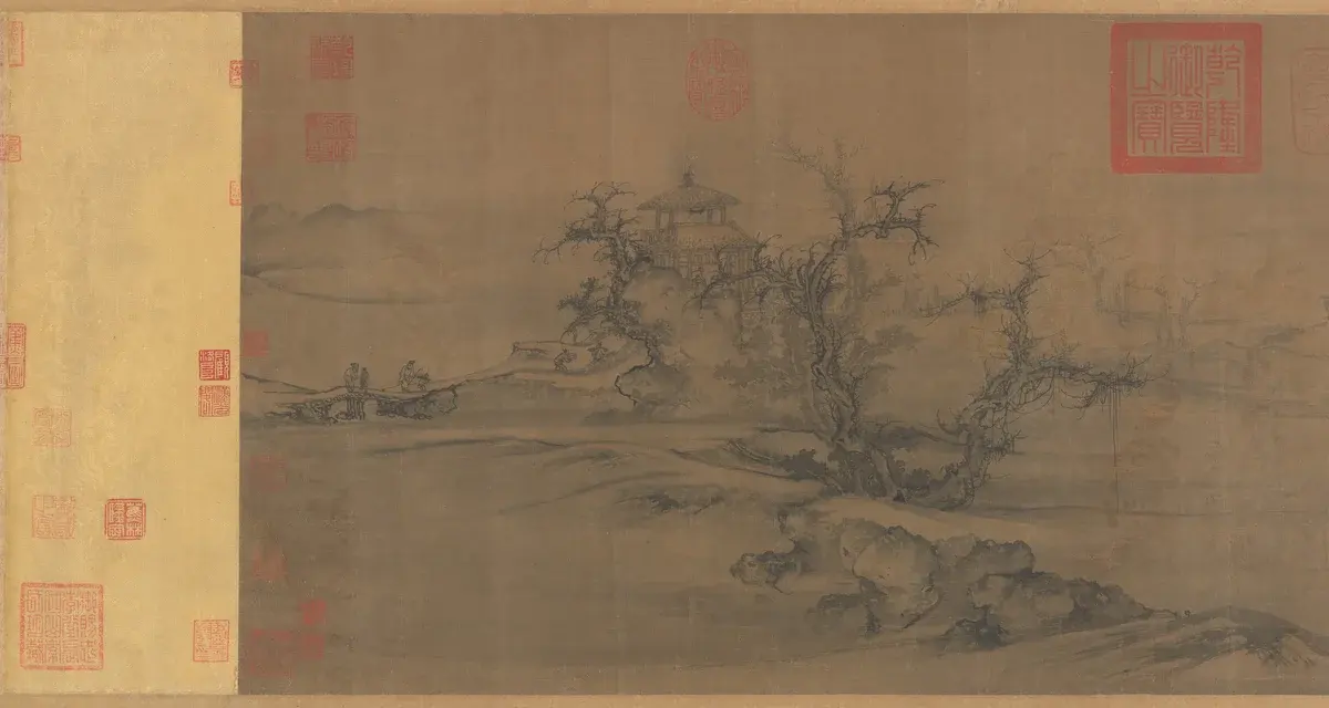 Chinese monochrome ink landscape handscroll showing scholars standing beside bare trees overlooking a wide, misty river valley