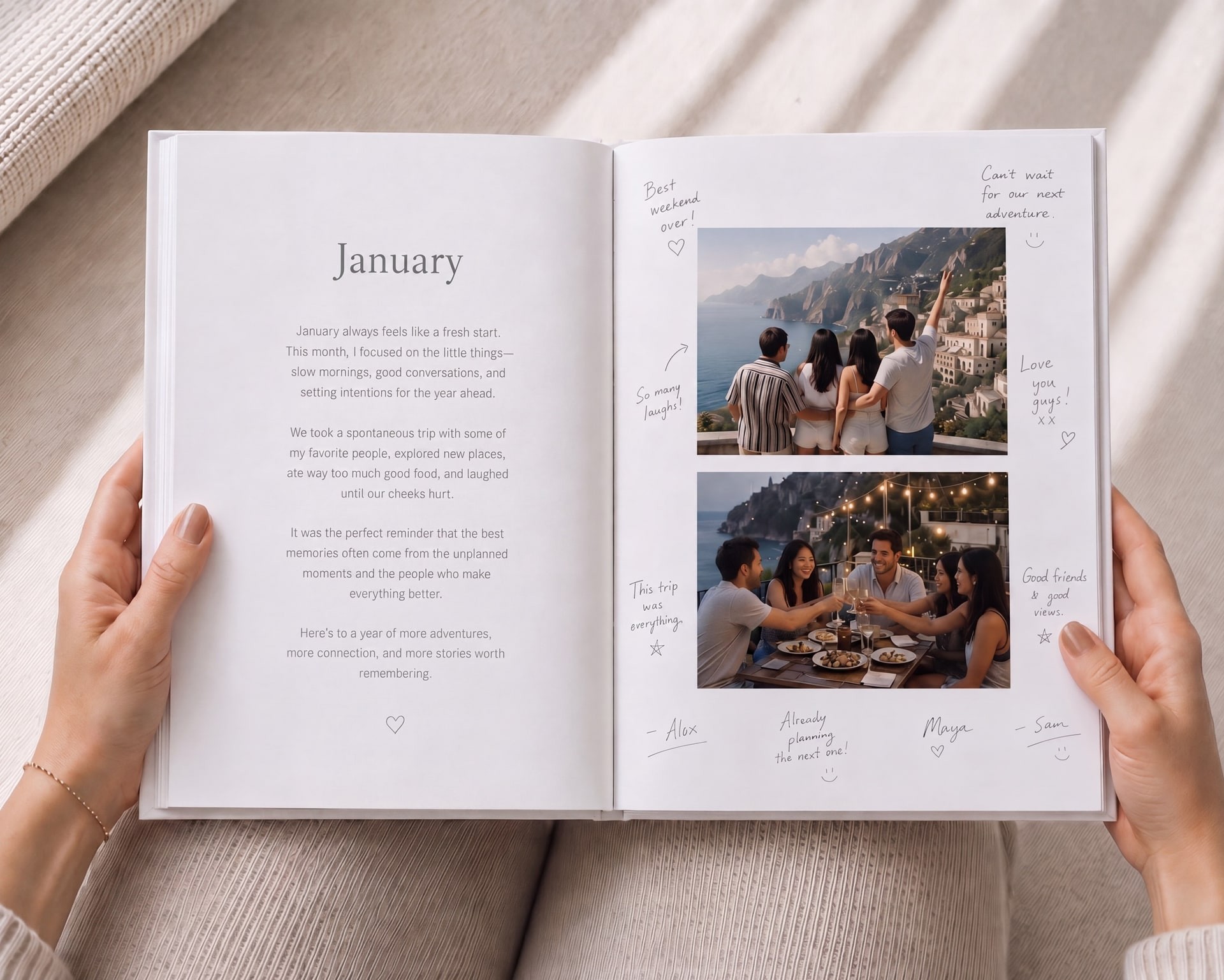 A physical yeerbook open to a signed page spread
