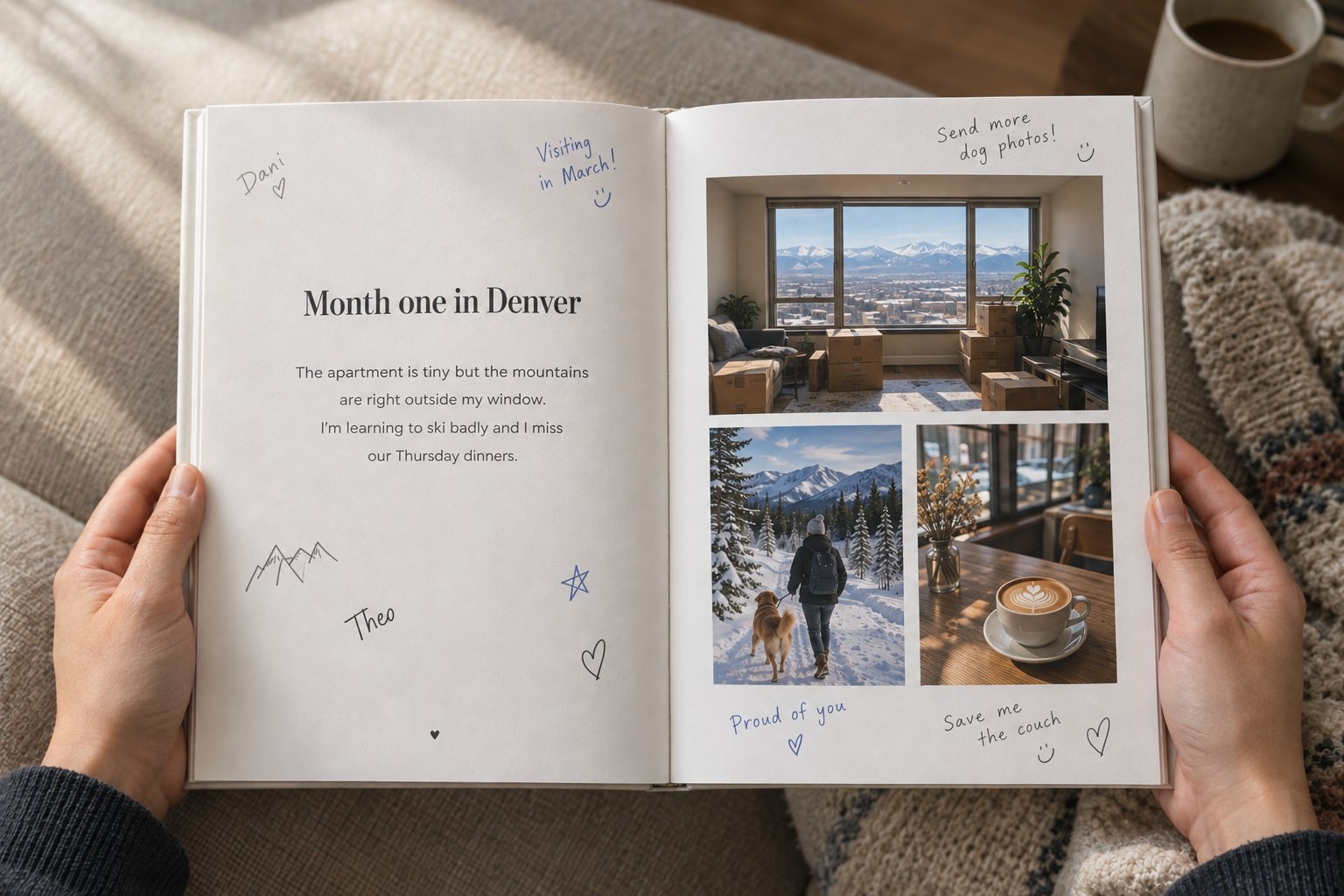 An open yeerbook spread: a friend's update about their first month in Denver, with three photos and notes and signatures from friends back home