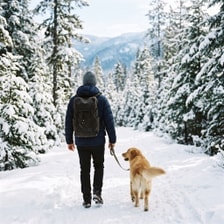 A person with a backpack walking a golden retriever on a snowy forest trail