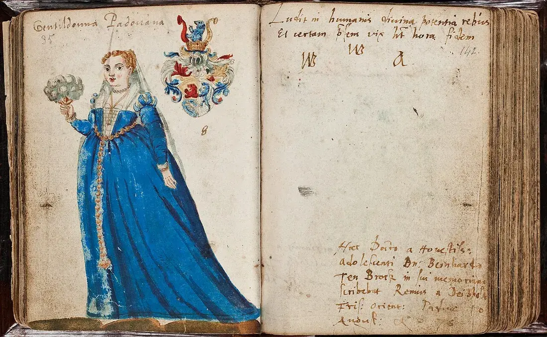 Folio from a 16th-century album amicorum with miniature watercolor portrait, coat of arms, and Latin inscription