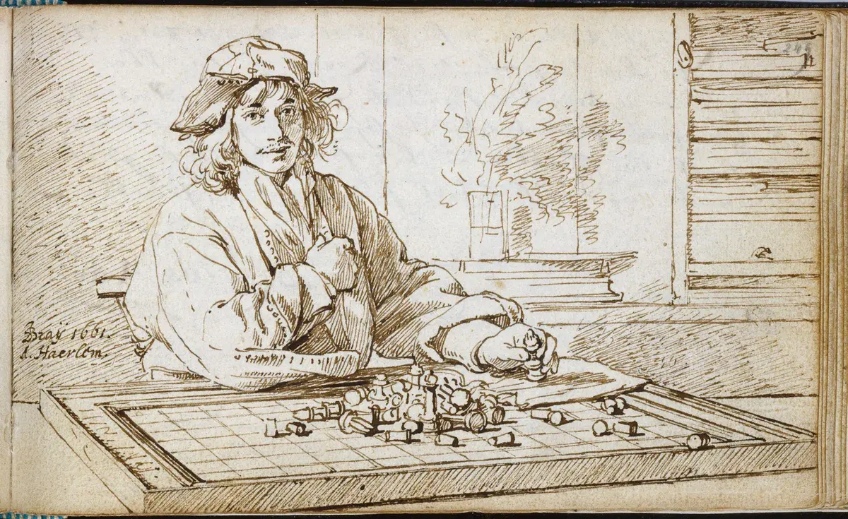 Ink drawing of a chess player by Jan de Bray from 1661 inside Jacob Heyblocq's album amicorum