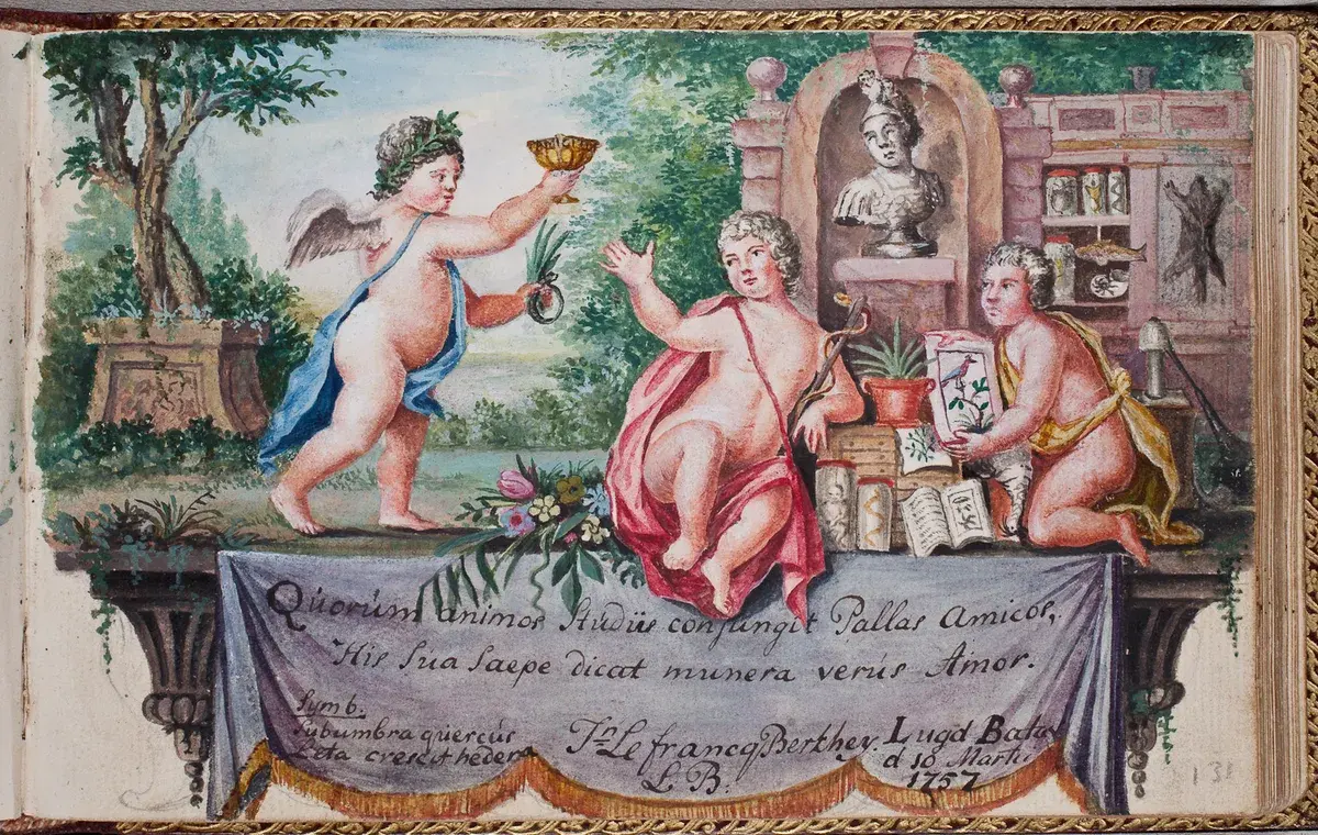 Illuminated watercolor dedication from 1757 celebrating friendship in study inside Egbert Philip van Visvliet's album