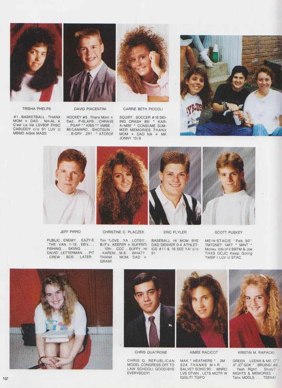 High school yearbook spread from 1991 featuring alphabetical senior portraits, student quotes, and campus snapshots