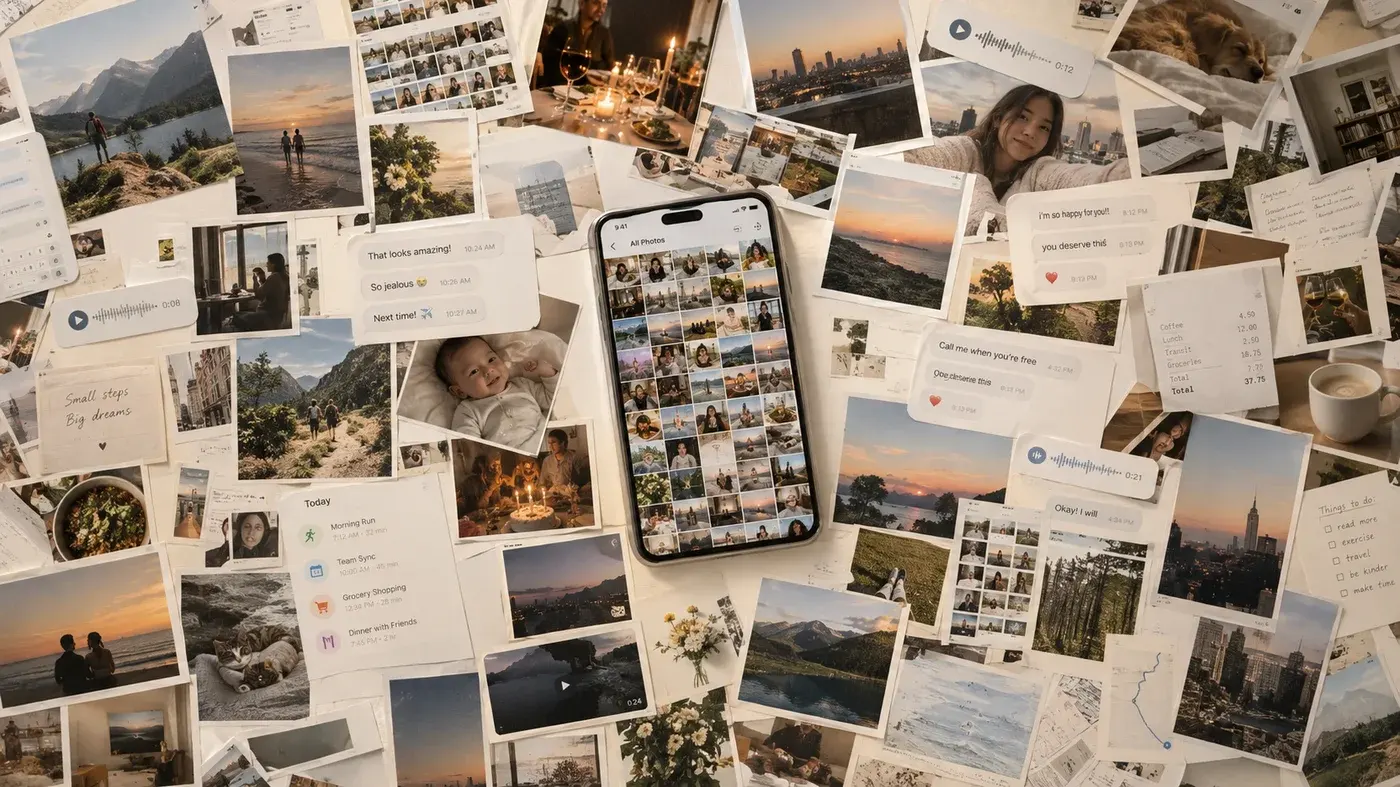 Smartphone surrounded by a rich collage of photos, text messages, voice notes, and daily moments