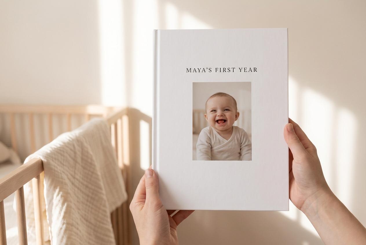 Closed yeerbook cover with a baby photo inset, held in two hands in a nursery